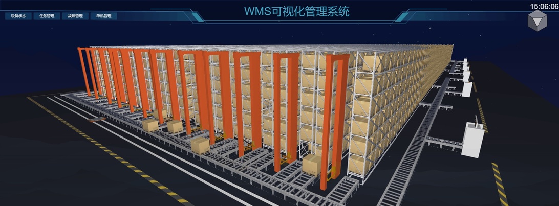 En 3D-visualisering av ett WMS-gränssnitt som visar lagerställage och produkter, vilket illustrerar hur moderna system spårar lagerlayout och inventarier.